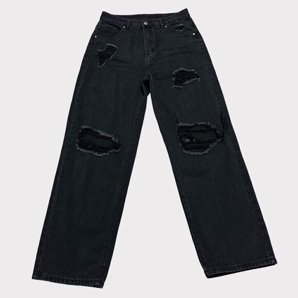 Zara Wide Leg Black Holes Hi Waisted Casual Punk Relaxed Oversized Denim Jeans - Picture 1 of 7